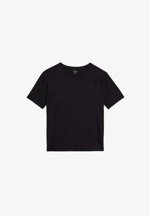 Svart T-shirt med kortärmad design i lättviktsmaterial, med rund halsringning och en slät textur utan synliga mönster eller detaljer.
