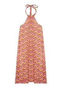 Vestido de cuello halter hecho de una tela ligera, con un patrón en zigzag en tonos de rosa, naranja y amarillo, con un corte fluido y holgado.