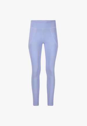 Helllila aktive Leggings mit hohem Bund, glatter Textur und Kontraststichen; figurbetontes Design mit schlanker Silhouette.