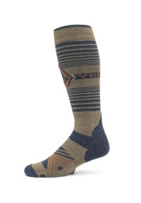 Kniekousen in tan en marineblauw, met horizontale strepen en een oranje logo. Gemaakt van zacht materiaal met gestructureerde patronen op de voet.