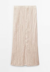 Jupe midi plissée beige clair avec une fente à l'avant, réalisée en tissu légèrement brillant, présentée à plat sur fond blanc.