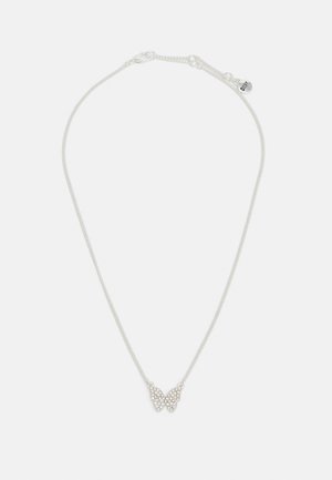 Silver necklace featuring a butterfly pendant adorned with small, sparkling gemstones. Chain is delicate and features a lobster clasp.