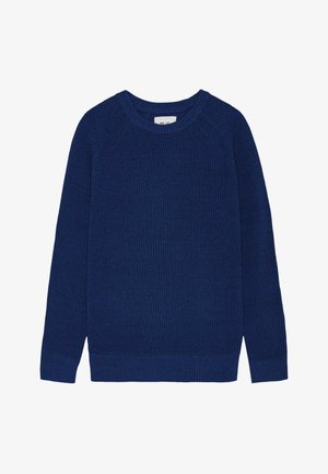 Navy blue ribbed knit sweater with a crew neckline, long sleeves, and subtle side slits at the hem for ease of movement.