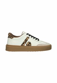 White low-top sneaker with black laces, leopard print accents, brown inner lining, and thick gum sole.