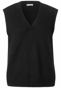 Black sleeveless sweater with a V-neck and ribbed detailing at the collar. Soft texture and relaxed fit, suitable for layering. Plain design.
