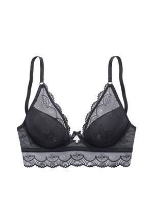 Black lace bra with adjustable straps, padded cups, scalloped lace trim, and a small bow with a pearl detail in the center front.