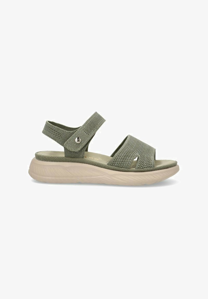 Sandalias de tela verdes con correas cruzadas, correa trasera ajustable y una suela acolchada beige clara con detalles texturizados.