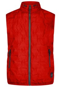 Rote gesteppte Weste mit hohem Kragen, durchgehendem Reißverschluss und zwei Seitentaschen. Mit glatter Textur und kontrastierenden dunklen Reißverschlüssen.