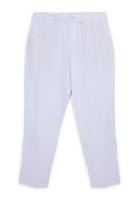 Pantaloni azzurri chiari realizzati in tessuto morbido, con un design a gamba dritta, due tasche laterali e chiusura con bottoni frontale.