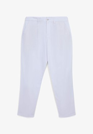 Pantaloni azzurri chiari realizzati in tessuto morbido, con un design a gamba dritta, due tasche laterali e chiusura con bottoni frontale.