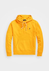 Gul huvtröja med en framficka, dragsko i huva och liten broderad logga. Tillverkad av mjukt tyg med en slät textur.