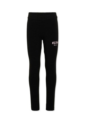 Czarne dopasowane legginsy z elastycznym pasem, z różowym napisem "MSGM Milano" na górnej lewej części uda.