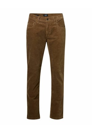 Braune Cordhosen mit geradem Beinanschnitt, ausgestattet mit einem Reißverschluss und Knopfverschluss, fünf Taschen und einer weichen, strukturierten Oberfläche.
