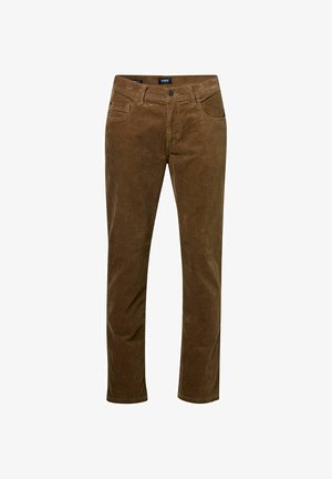 Brown corduroy trousers with a straight leg design, featuring a zip and button closure, five pockets, and a soft, textured finish.