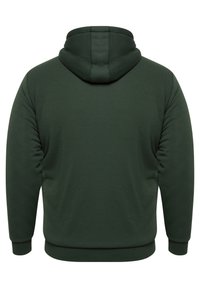 Sudadera verde con una textura de franjas, cuenta con capucha, mangas largas y puños y dobladillo de canalé. La vista trasera muestra un estilo ajustado sin gráficos.