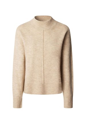 Beige striktrøje med høj ribkrave, lange ærmer og en afslappet pasform. Har lodrette sømdetaljer og tekstureret stof.