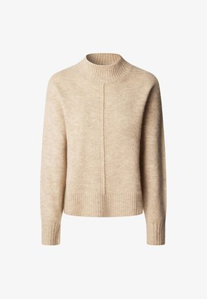 Beige knit sweater with a high ribbed neck, long sleeves, and a relaxed fit. Features vertical seam detailing and textured fabric.
