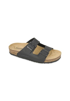Sandal nero con due cinghie regolabili a fibbia, soletta in sughero e suola in gomma. Materiale liscio con finitura opaca.
