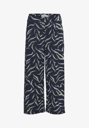 Navy wijde broek van stof met een groen-wit bladerenpatroon, met een gladde textuur en een elastische tailleband.