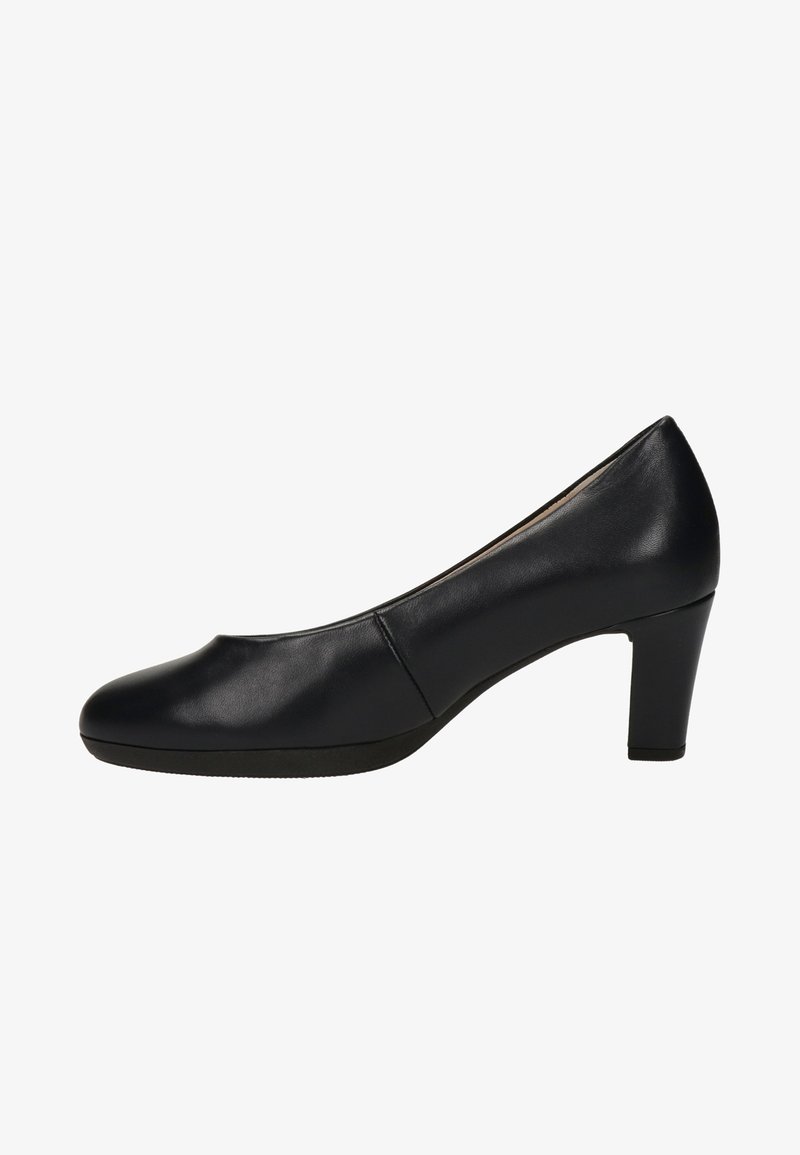 Escarpin en cuir noir à talon moyen, bout arrondi et finition lisse, adapté pour une tenue formelle ou professionnelle.