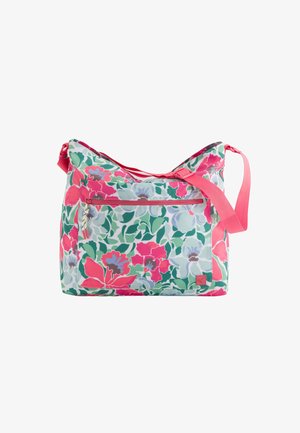 Sac fourre-tout floral coloré avec des motifs roses, verts et bleu clair. Dispose d'une poche zippée à l'avant et d'une large bandoulière réglable.