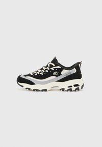 Black and gray athletic shoes with a cushioned sole, fabric upper, and laces. Features a logo and accent details on the side.