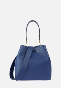 Borsa a secchiello blu in pelle con superficie testurizzata, maniglie corte e una lunga tracolla regolabile. Presenta dettagli in metallo dorato e chiusura a coulisse.