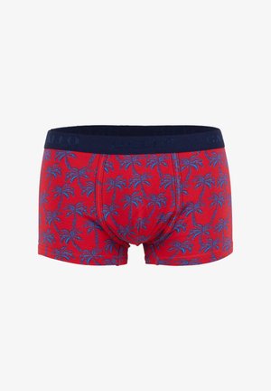 Red boxer briefs with blue palm tree pattern and navy waistband embossed with "GALLO" branding.