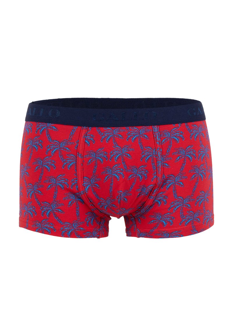 Red boxer briefs with blue palm tree pattern and navy waistband embossed with "GALLO" branding.