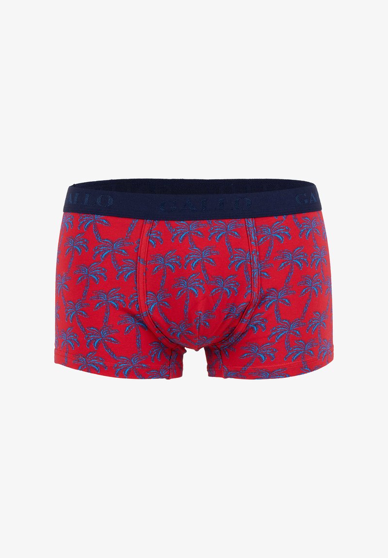 Red boxer briefs with blue palm tree pattern and navy waistband embossed with "GALLO" branding.