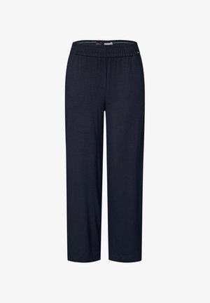 Pantaloni blu navy realizzati in cotone morbido con vita elasticizzata, caratterizzati da una vestibilità morbida e un design a gamba dritta. Nessun motivo o accento visibile.