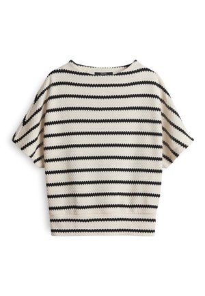 Knit short-sleeve top in cream with black horizontal stripes. Features a rounded neckline and a textured fabric with a loose fit.