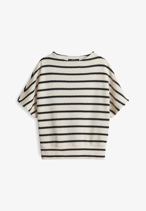 Gehaakt top met korte mouwen in crème met zwarte horizontale strepen. Heeft een ronde halslijn en een gestructureerde stof met een losse pasvorm.