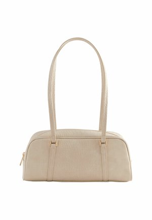 Beige rakenteellinen käsilaukku, joka on valmistettu teksturoidusta tekokrokotiilileatherista. Varustettu kahdella pitkällä kahvalla ja kultaisilla yksityiskohdilla. Vetoketjukiinnitys.