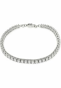 Bracciale in tono argento con pietre di zirconia cubica trasparenti, rotonde, incastonate in un design lineare e con chiusura a moschettone.