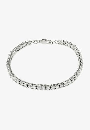 Sølvfarvet armbånd med klare, runde cubic zirconia-sten sat i et lineært, hængslet design med en krabbe-lås.