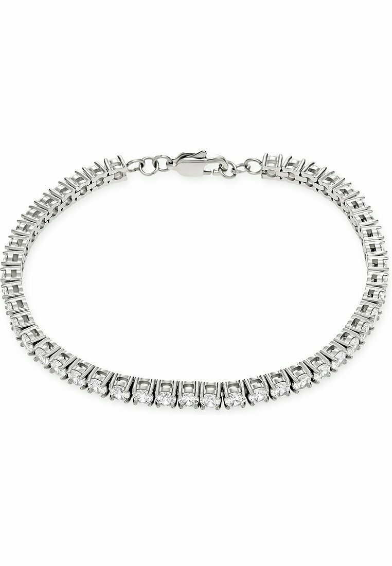 Bracciale in tono argento con pietre di zirconia cubica trasparenti, rotonde, incastonate in un design lineare e con chiusura a moschettone.