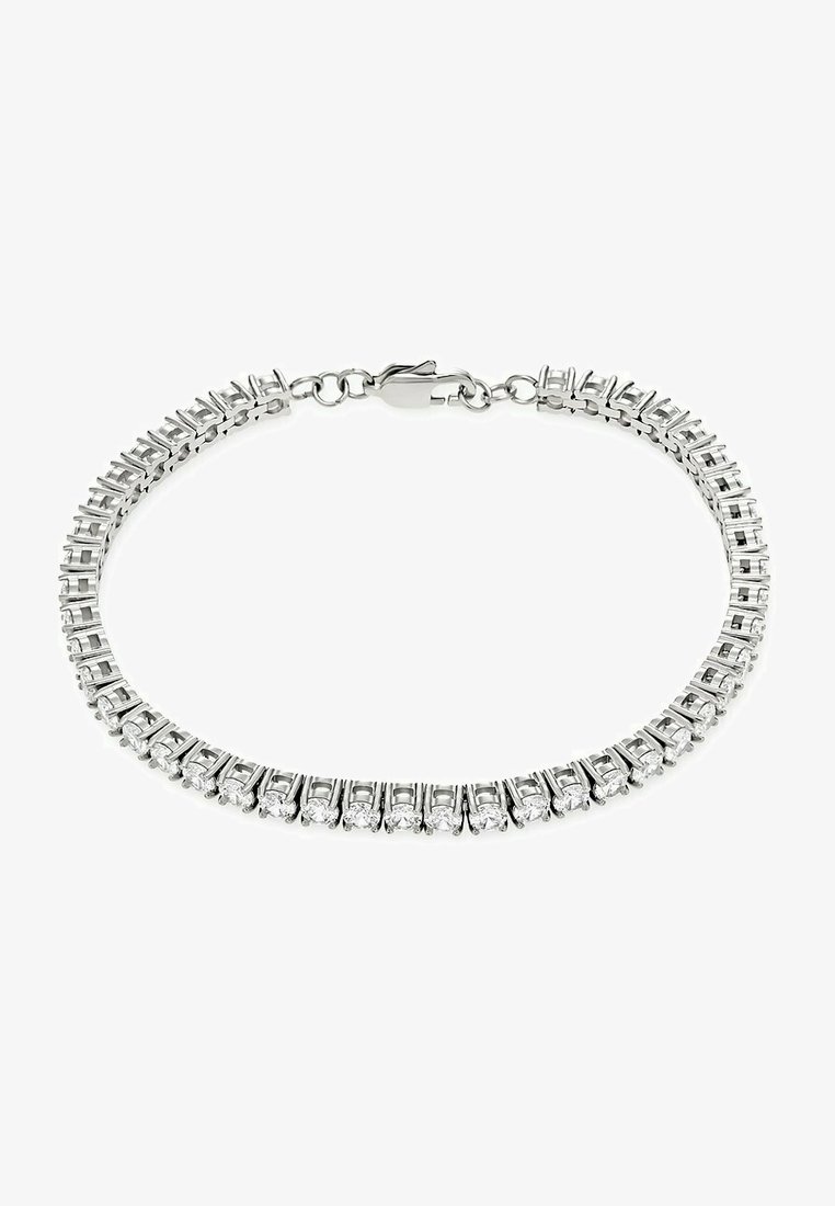 Silverfärgad armband med klara, runda cubic zirconia-stenar i en linjär, gångjärnsdesign med en kräftklor-lås.