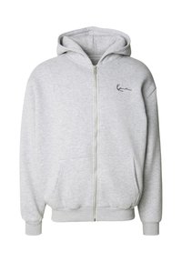 Sivý zipsový mikina vyrobená z jemnej bavlnenej zmesi, s priestrannou kapucňou, prednými vreckami, rebrovanými manžetami a malým logom na ľavej strane.