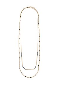 Złoty naszyjnik z metalu z czarnymi koralikami, składający się z dwóch pasm z zakrzywionymi prętami i liniowym odcinkiem. Zawiera zapięcie do zapinania.