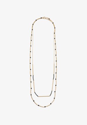Złoty naszyjnik z metalu z czarnymi koralikami, składający się z dwóch pasm z zakrzywionymi prętami i liniowym odcinkiem. Zawiera zapięcie do zapinania.