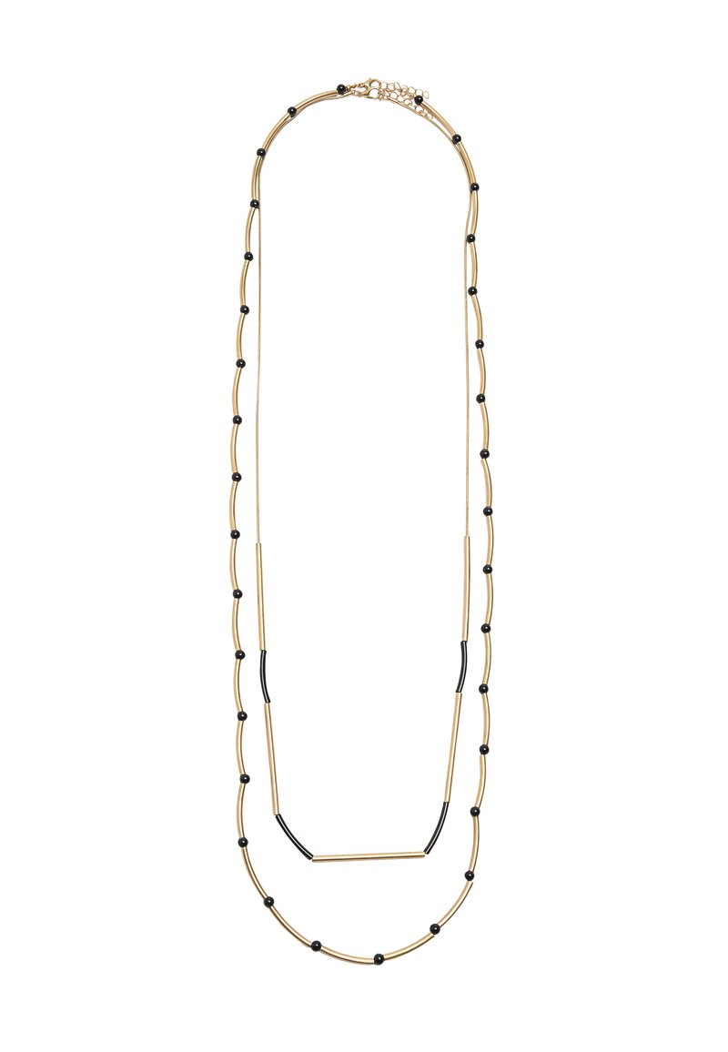 Złoty naszyjnik z metalu z czarnymi koralikami, składający się z dwóch pasm z zakrzywionymi prętami i liniowym odcinkiem. Zawiera zapięcie do zapinania.