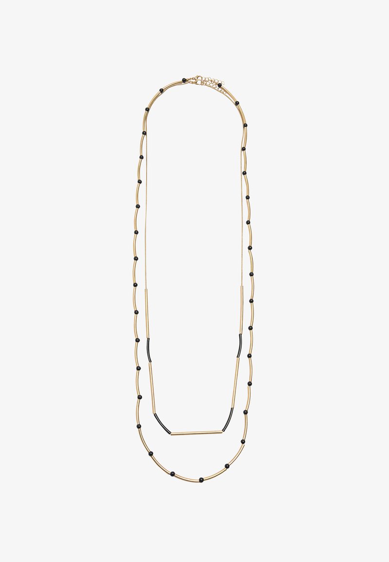 Złoty naszyjnik z metalu z czarnymi koralikami, składający się z dwóch pasm z zakrzywionymi prętami i liniowym odcinkiem. Zawiera zapięcie do zapinania.