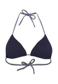 Haut de bikini bleu marine avec des bonnets triangulaires, tissu texturé et liens à motifs. Comprend des liens ajustables au cou et dans le dos pour un meilleur ajustement.