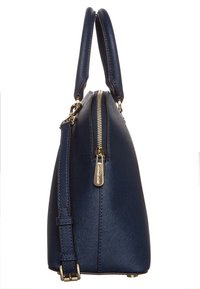 Borsa a mano blu navy con una forma strutturata, materiale sintetico texturizzato, manici superiori e una lunga tracolla regolabile. Hardware e zip in tonalità oro.