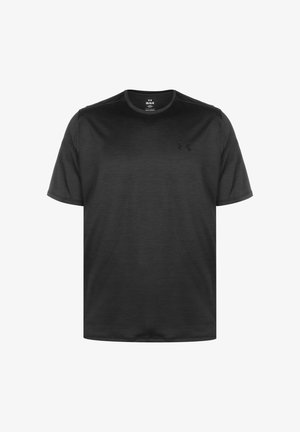 T-shirt de sport noir à manches courtes et col rond, avec une texture subtile et un petit logo de la marque sur la poitrine gauche.
