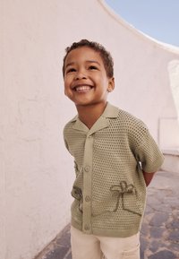 Lichtgroen gebreid shirt met korte mouwen en knoopsluiting aan de voorkant, met palmboomborduursel, gedragen met beige broek, staande tegen een witte muur.