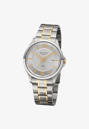 Silver and gold stainless steel wristwatch with textured dial, gold hour markers, date display at 3 o'clock, and three gold hands showing 10:09:37.