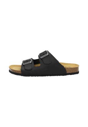 Schwarze Rutschsandalen mit zwei verstellbaren Schnallen, Korkfußbett und strukturiertem Gummiaußensohle für besseren Halt. Minimalistisches Design, offene Zehen.