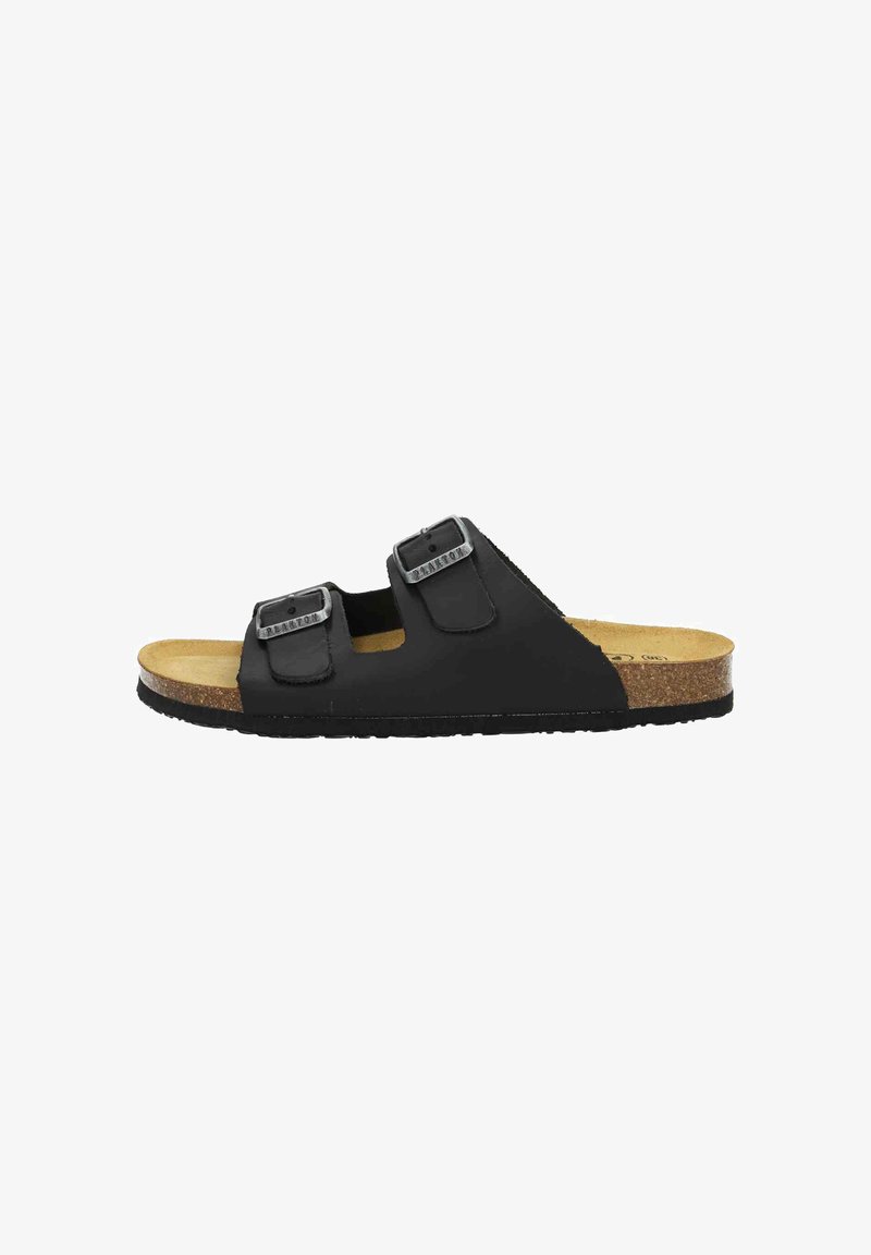 Sort slide sandal med dobbelt justerbare spænder, kork sål og tekstureret gummiyderside for godt greb. Minimalistisk design, åben tå.
